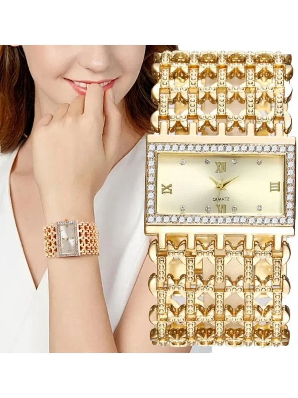 Women's Gold Luxury Rectangular Case Analog Quartz Fashion Dress Wrist Watches